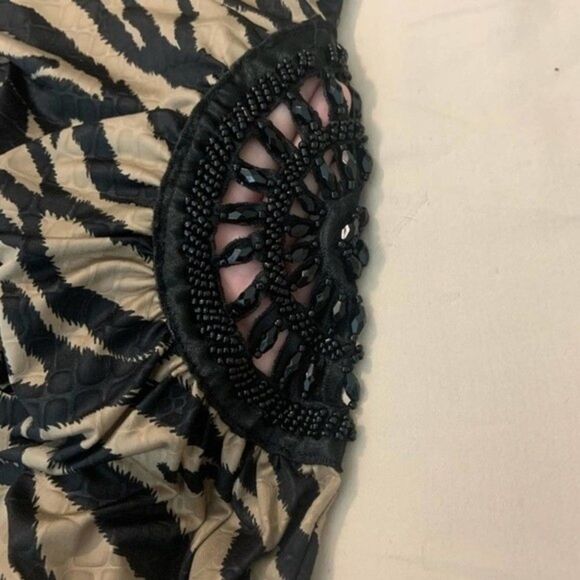 Dots Strapless Blk/Tan Bodycon Animal Print Mini Dress, Open Beaded side - Sz M - Picture 3 of 7